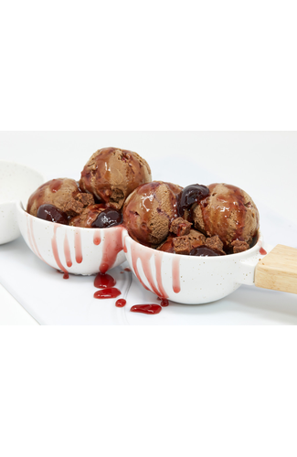 Chocolate flavoured ice cream with cherry ripple and chocolate sponge pieces
